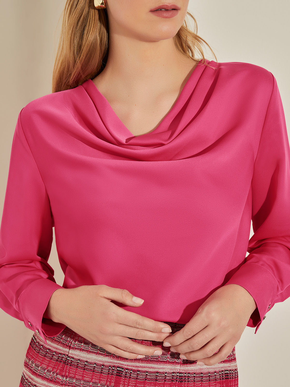 Cowl Neck Blouse - Pink Long Sleeve Blouse