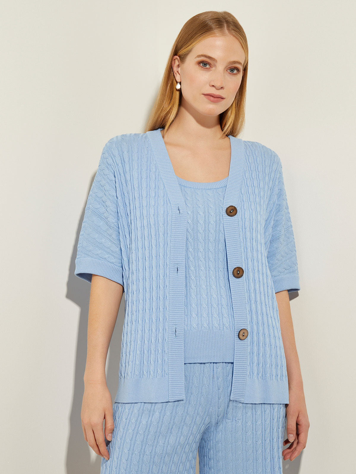 Button-Front Short Sleeve Soft Cable Knit Cardigan