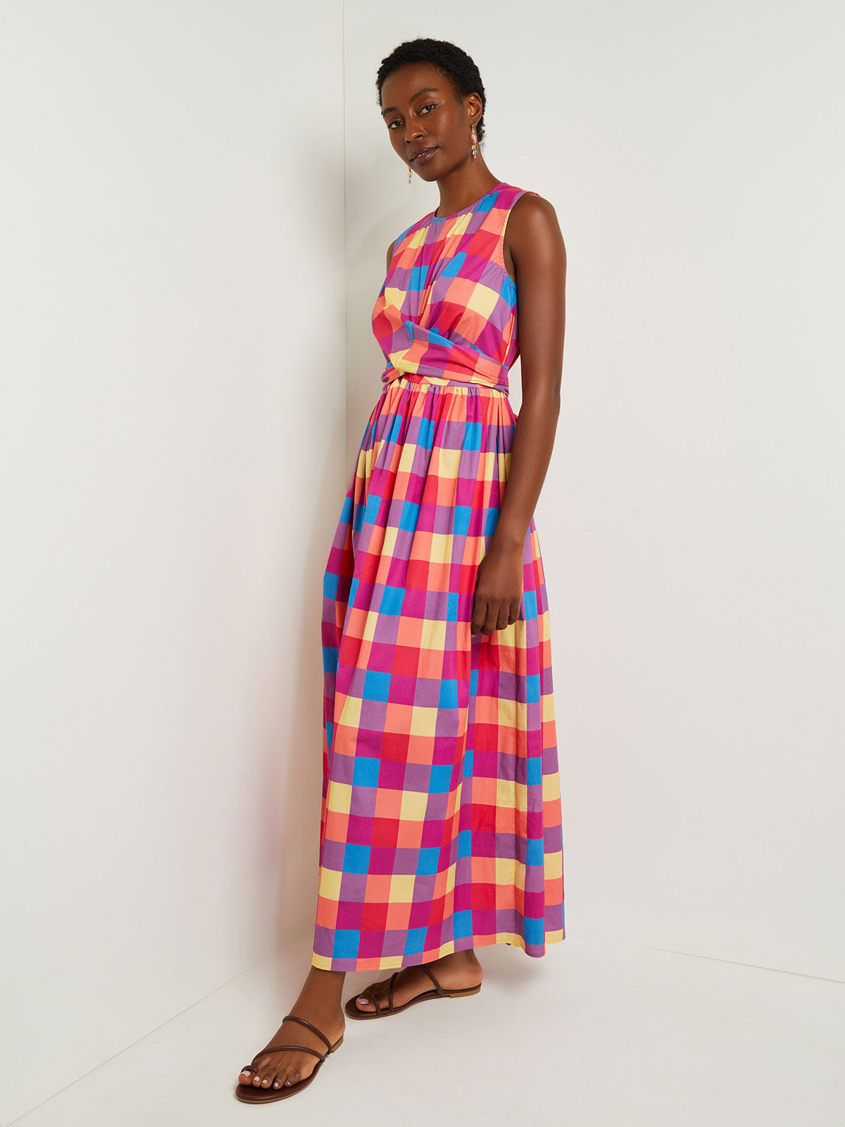 Maxi Tie Waist Dress - Plaid Cotton Blend