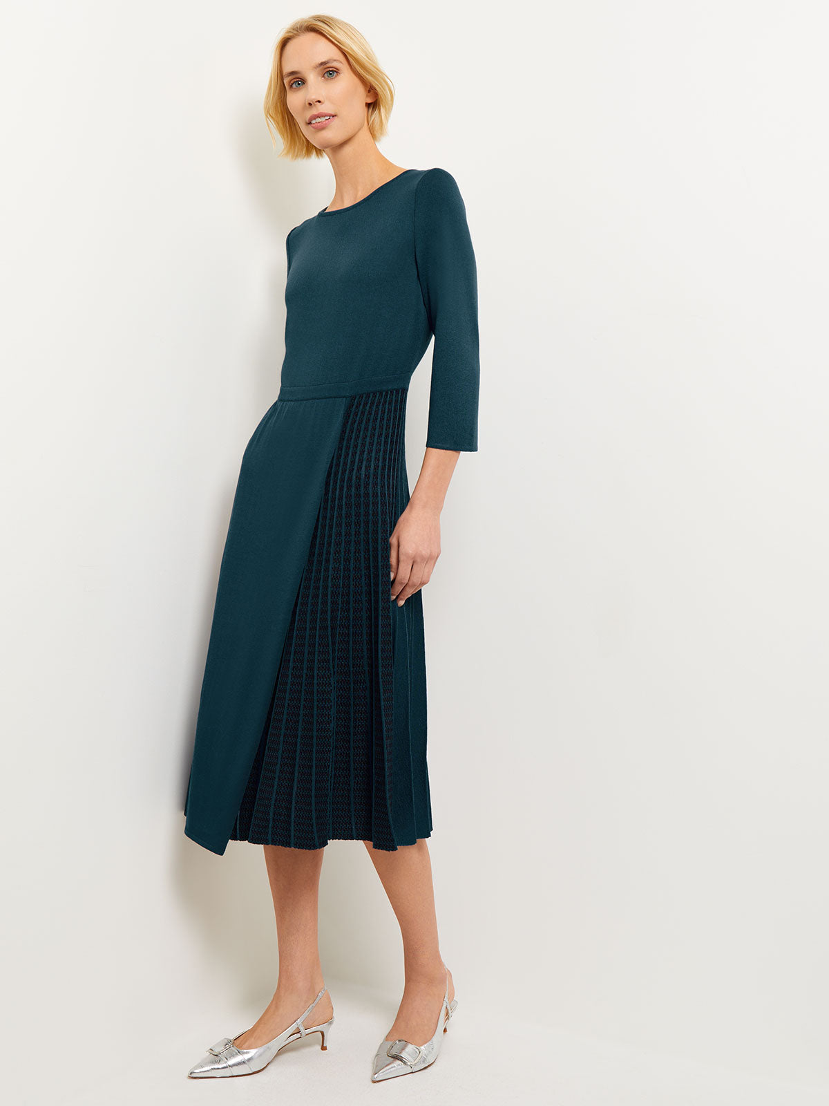 Pleated Contrast Panel Soft Knit Dress