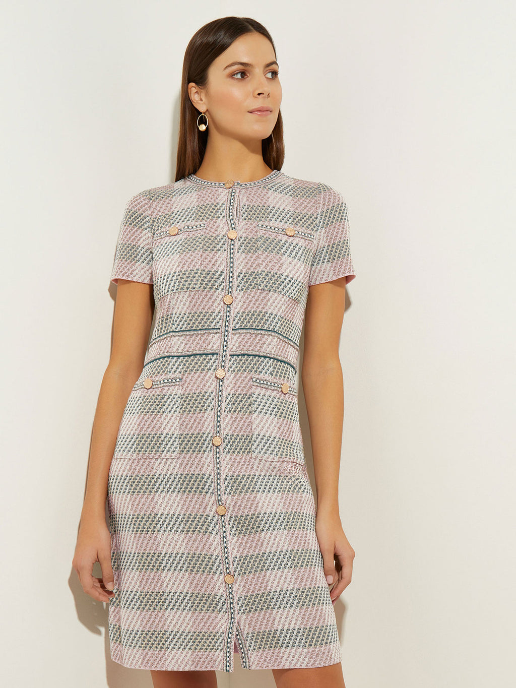 Bold Plaid Tweed Knit Sheath Dress, Rose Petal