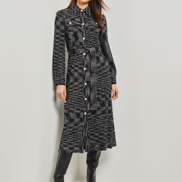 Belted Button Front Tweed Knit Midi Dress