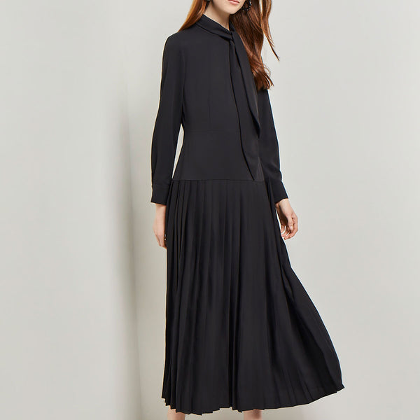 Tie Neck Pleated A-Line Maxi Dress