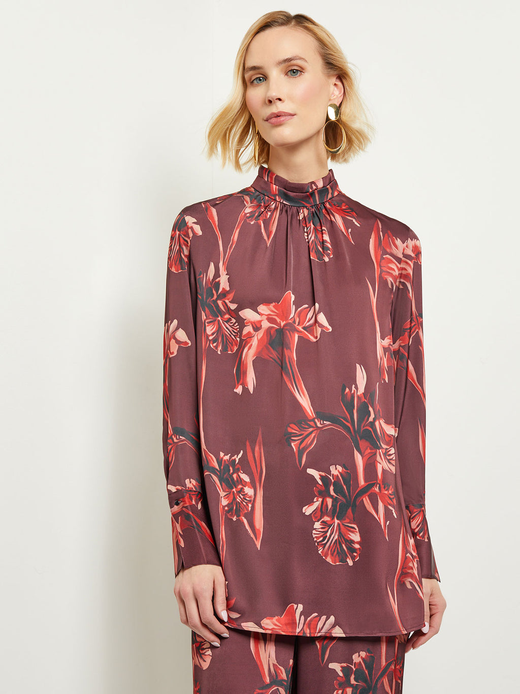 Floral Gathered Mock Neck Crepe de Chine Blouse