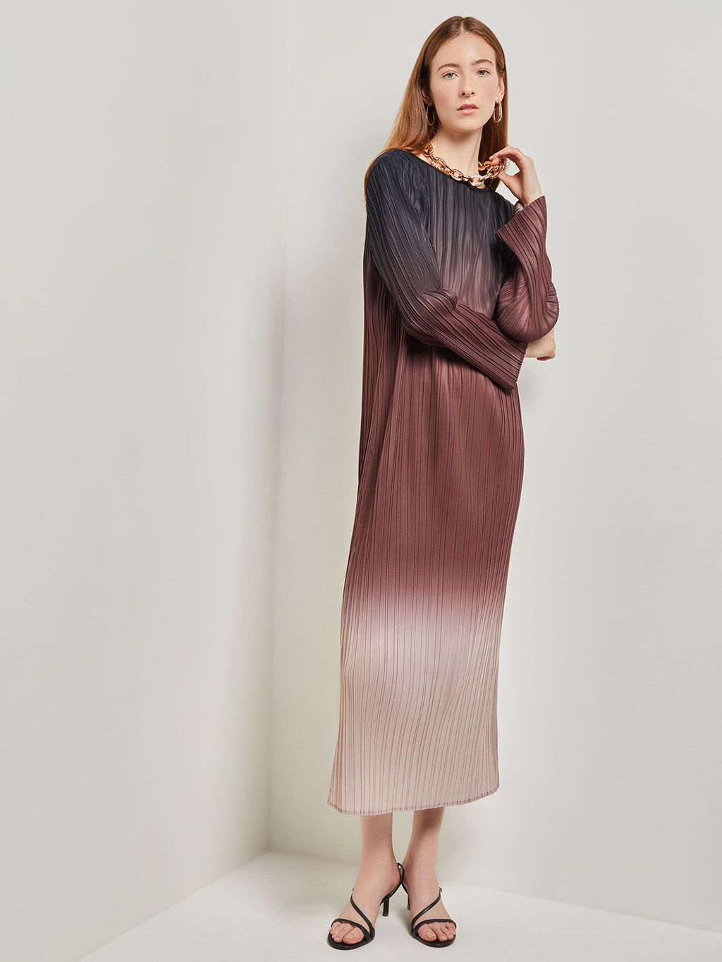 Ombre Open Front Pleated Knit Duster Mahogany/Biscotti/Black / L