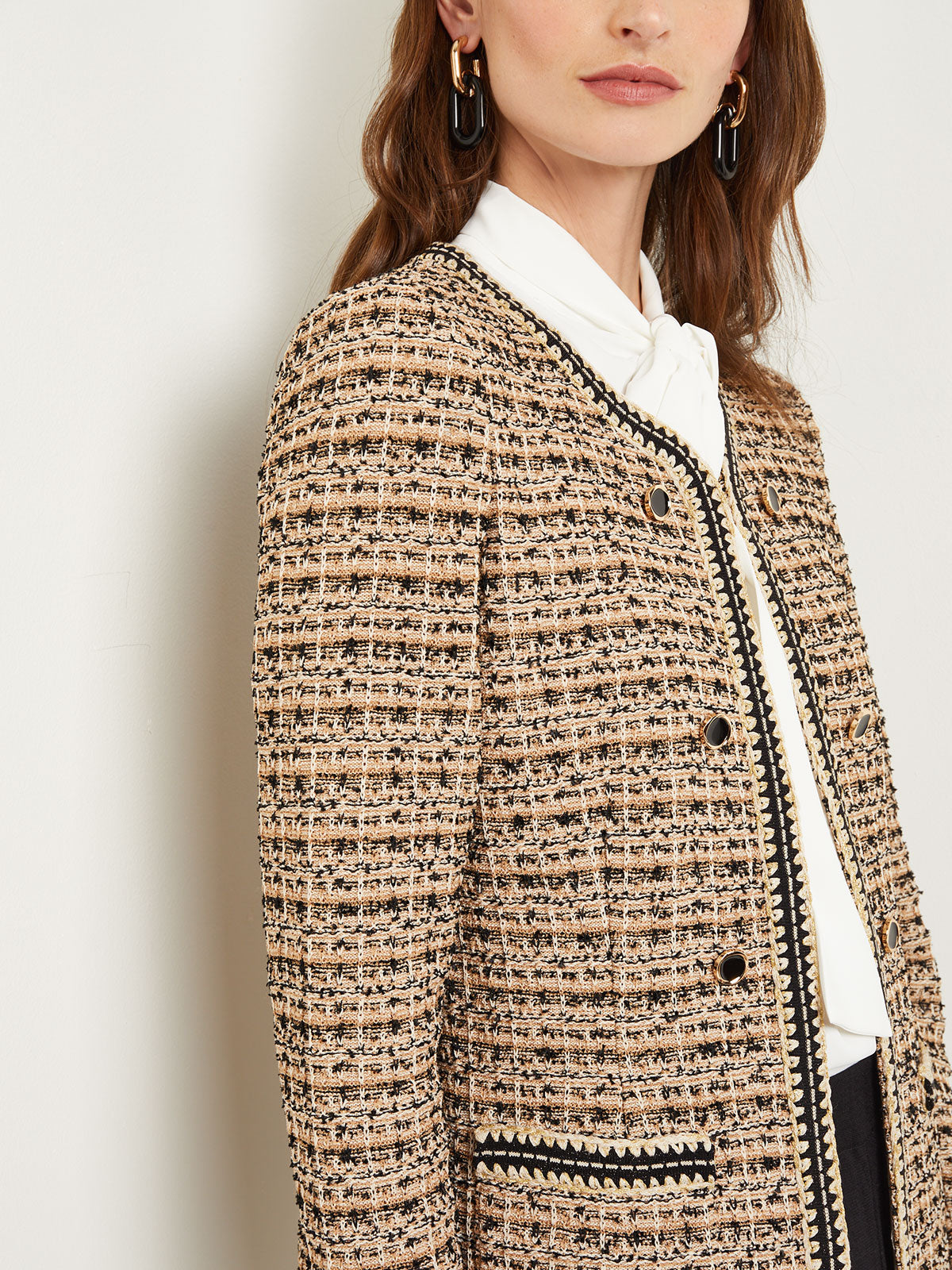 Tailored Jacket - Contrast Trim Tweed Knit