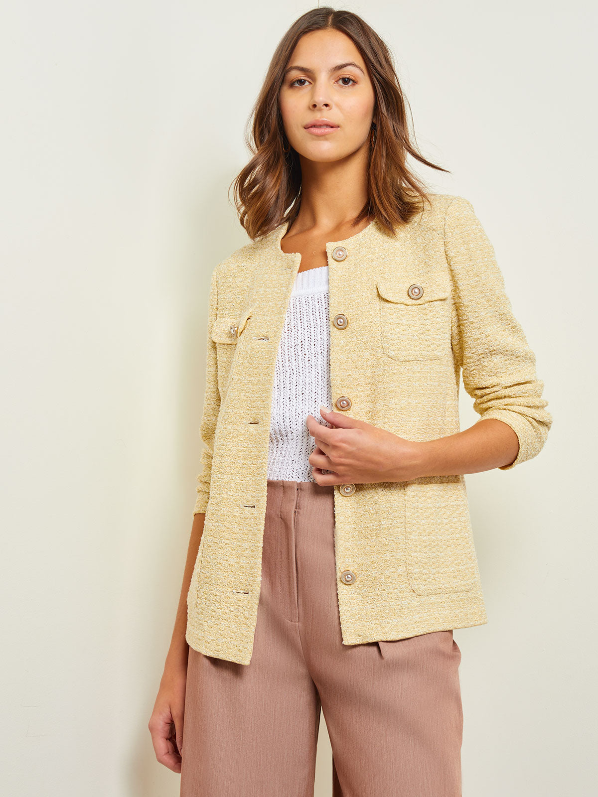 Tailored Fit Pearl Button Front Jacket - Soft Tweed Knit