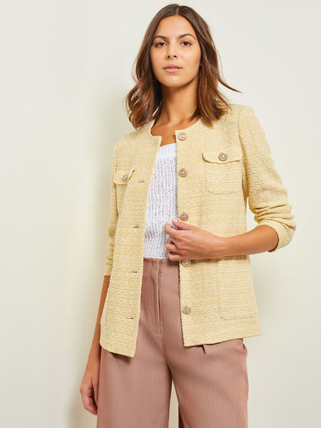 Tailored Fit Pearl Button Front Jacket - Soft Tweed Knit