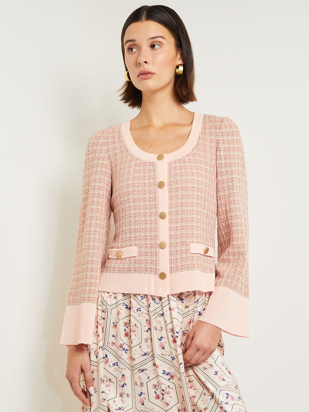 Heritage Fit Button Front Jacket - Bell Sleeve Tweed Knit