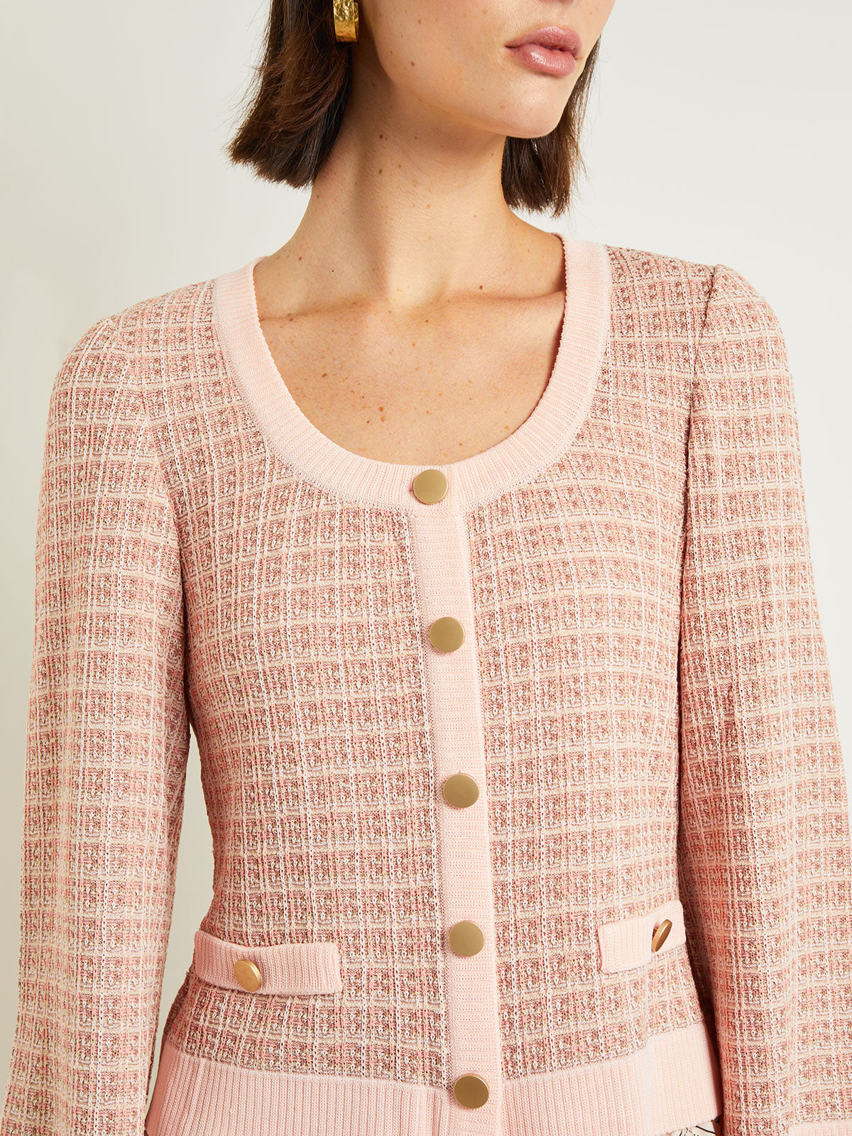 Heritage Fit Button Front Jacket - Bell Sleeve Tweed Knit
