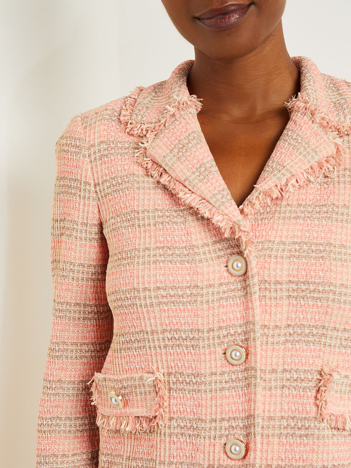 Modern Fit Button Front Jacket - Fringe Trim Tweed Knit
