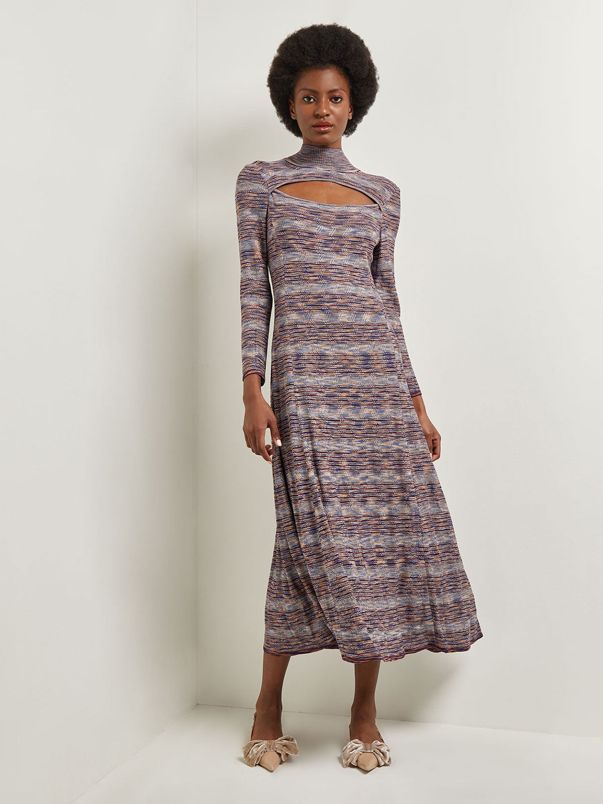 Modern Fit and Flare Melange Knit Cutout Maxi Dress