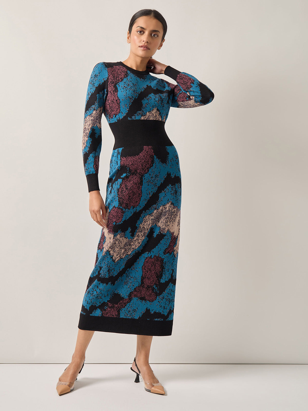 Abstract Sheath Jacquard Knit Maxi Dress