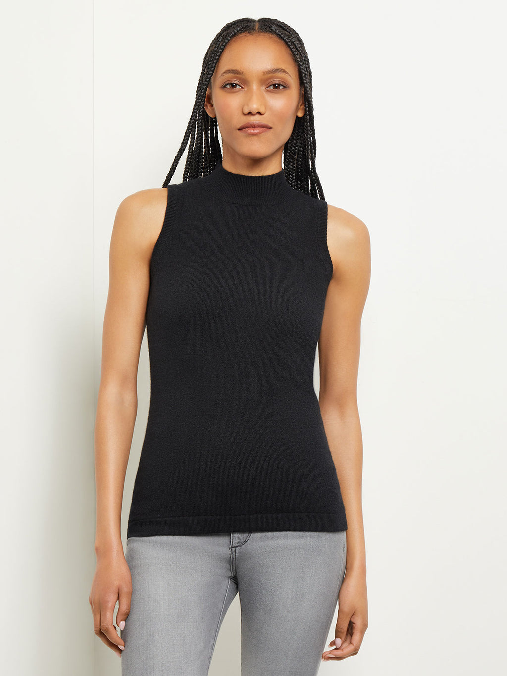 Mock Neck Cashmere Tank Top, Black