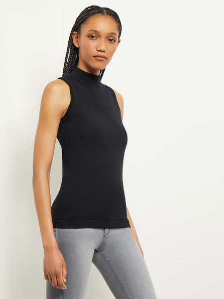 Mock Neck Cashmere Tank Top, Black