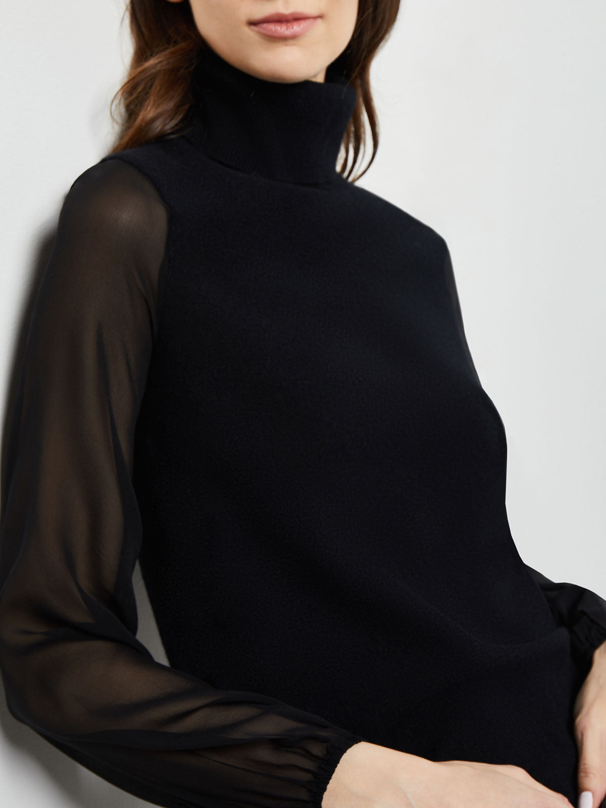 Chiffon Sleeve Cashmere Turtleneck