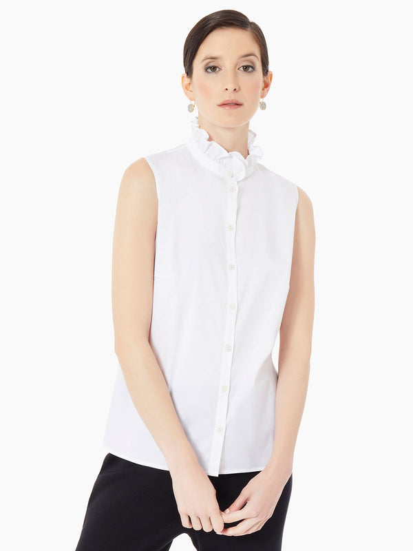 Ruffle Neck Stretch Cotton Blouse Misook