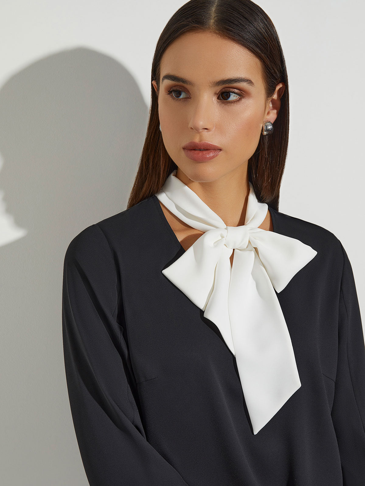 Black Tie Neck Blouse - Black Long Sleeve Blouse | Misook