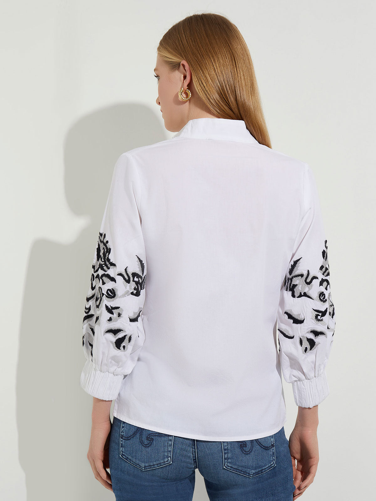 Floral Embroidered Puff Sleeve Cotton Blouse