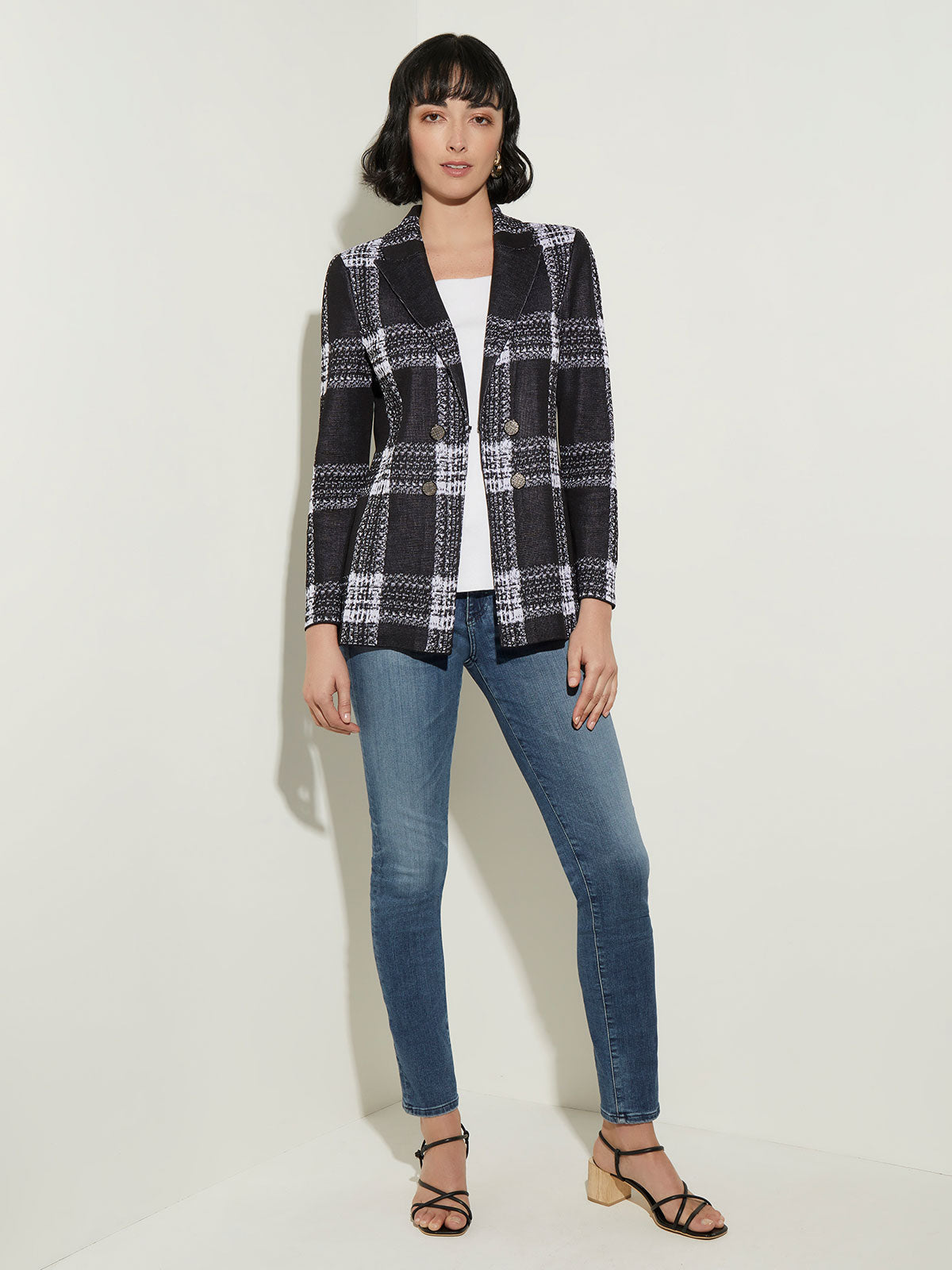 White and 2024 black checkered blazer