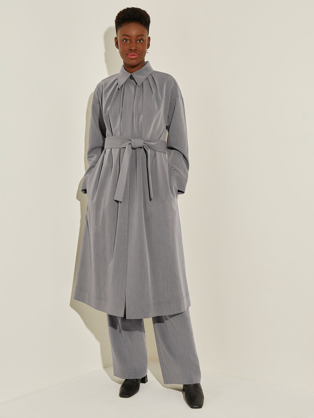 Pleated Neckline Belted Twill Trench Coat