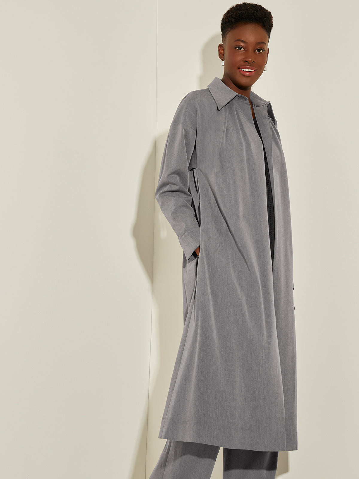 Pleated Neckline Belted Twill Trench Coat