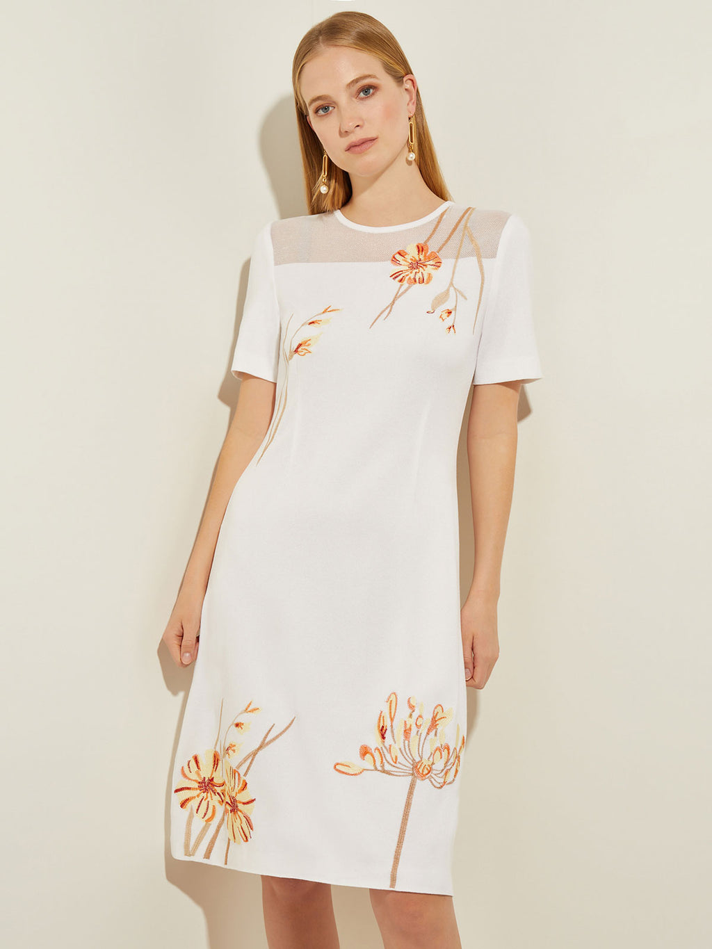 Embroidered Sheer Yoke Soft Knit A-Line Dress